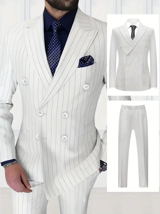Men's Fashionable Thin-Striped Two-Piece Formal Light Business Double